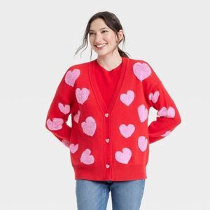 33 Degrees - Women's Valentine's Day Pink Hearts Graphic Cardig Red